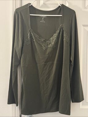 Super Soft Olive Green Lace-Trim Ribbed Long Sleeve Top